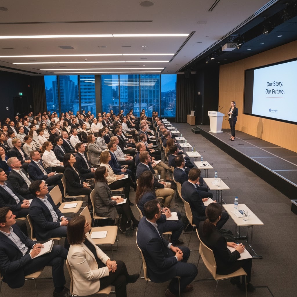 Employees attending company town hall reflecting strong corporate storytelling culture.