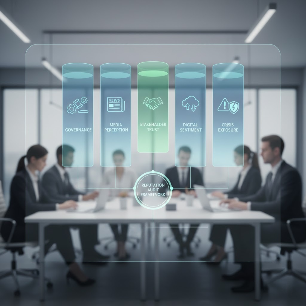 Corporate leaders conducting a reputation audit using performance and risk indicators.
