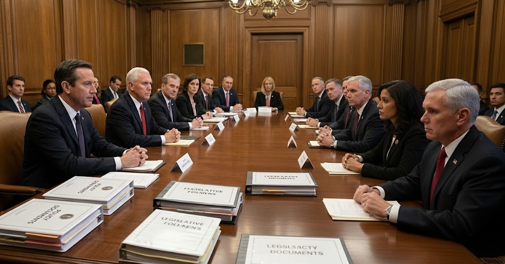 Split-screen depiction showing government officials on one side and PR professionals engaging with media on the other.”
