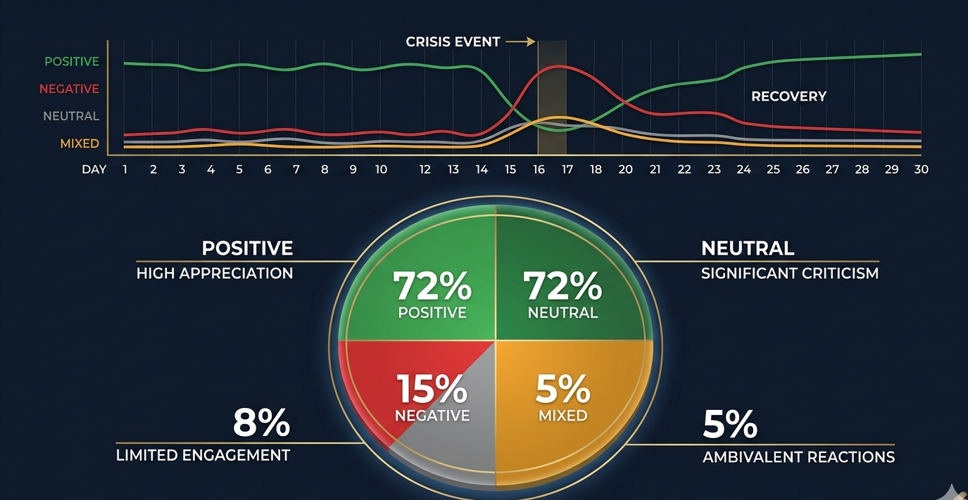 Infographic showing the four sentiment categories — positive, negative, neutral, and mixed — plotted on a brand sentiment monitoring dashboard