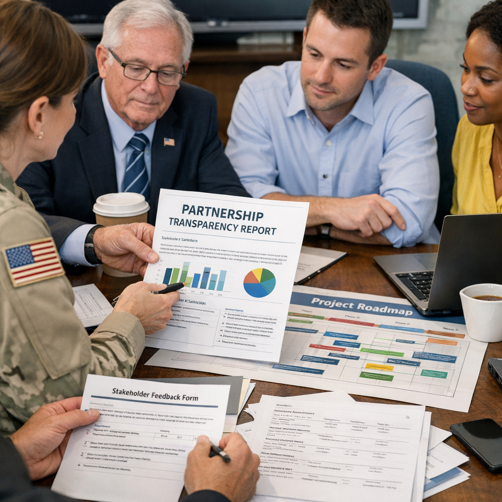Government and private sector communications team reviewing a public-private partnership transparency report and stakeholder engagement outcomes