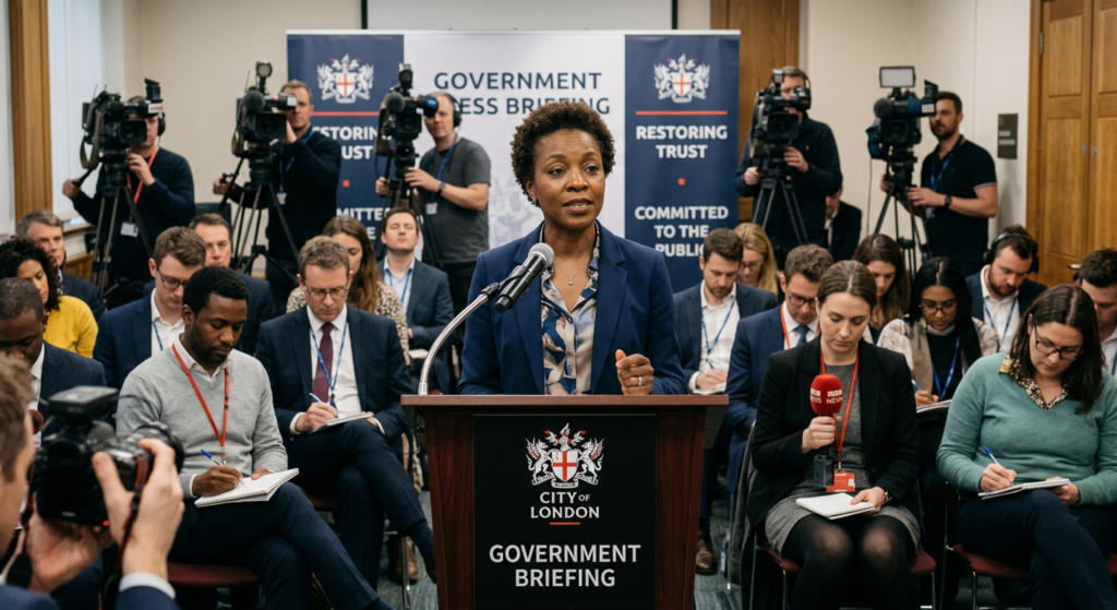 Government spokesperson delivering a composed, authoritative crisis response statement to restore public confidence