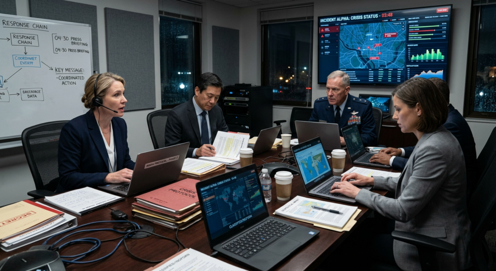 National security communications team executing a classified information PR crisis response protocol, coordinating unified messaging across legal, security, and public affairs functions