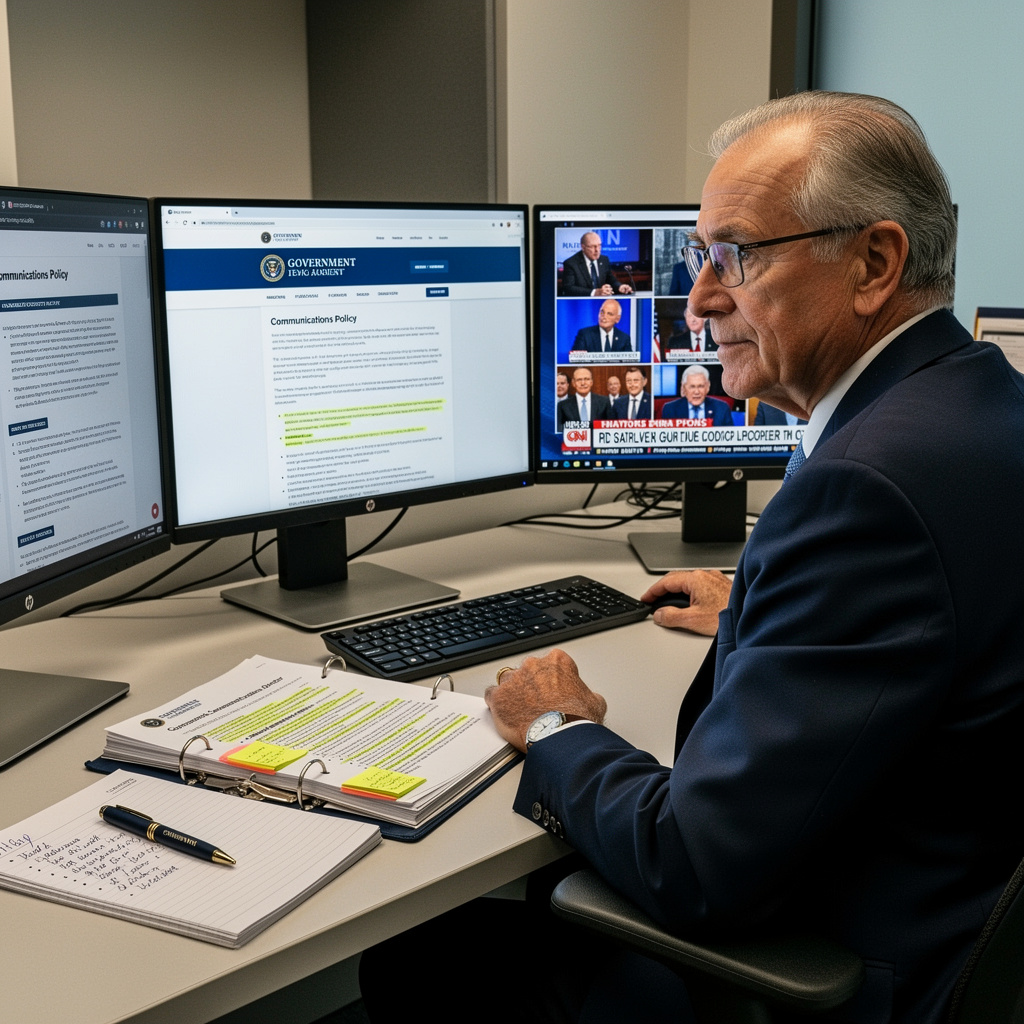 Government communications director reviewing agency messaging policies to ensure non-partisan compliance during an election year communications cycle